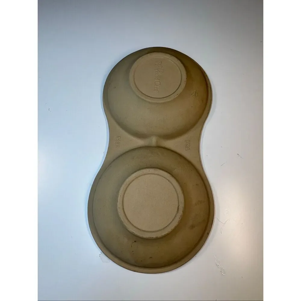 Pampered Chef Double Pet Bowl Feeder Dish Stoneware Tan USA 5132
